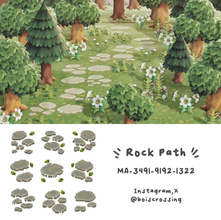 an image of a rock path in the middle of some trees and rocks with flowers on them