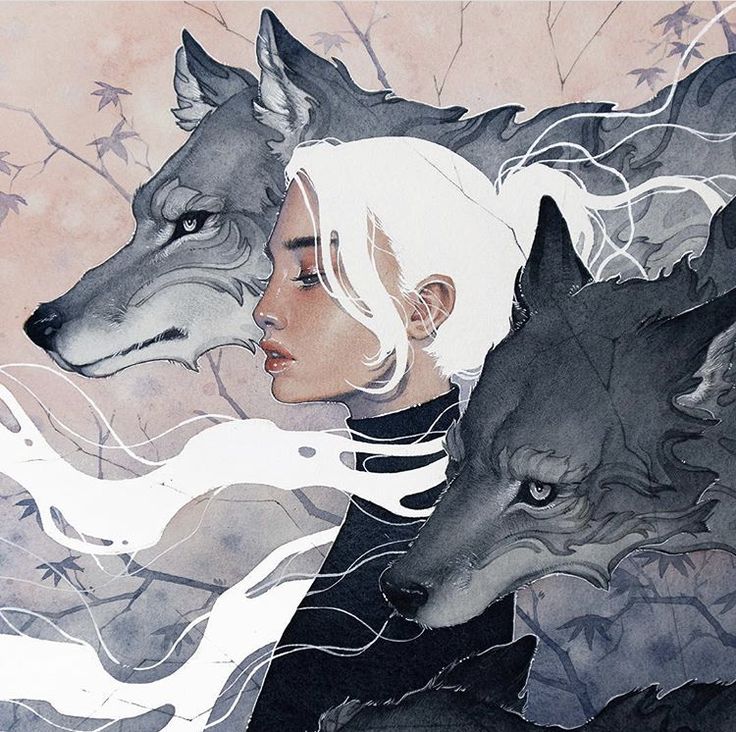 a woman with white hair standing next to two wolfs