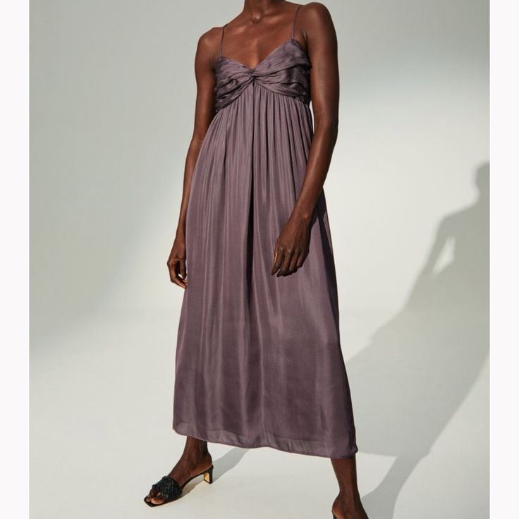 From H&M, Brand New With Tags Casual Silk Midi Dress For Party, Chic Spring Slip Dress With Ruched Detail, Chic Ruched Slip Dress For Spring, Elegant Flowy H&m Maxi Dress, Flowy Midi Dress By H&m, H&m Evening Maxi Dress For Spring, H&m Spring Evening Maxi Dress, H&m Chic Flowy Maxi Dress, Chic H&m Flowy Maxi Dress