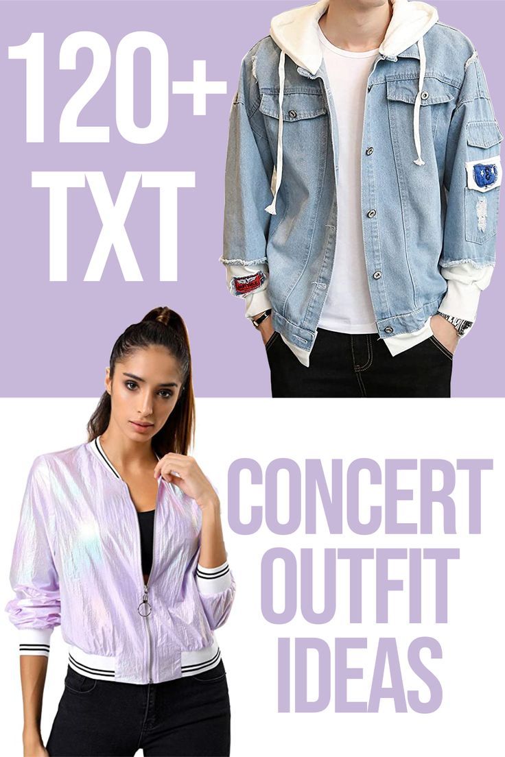 a man and woman standing next to each other in front of a purple background with text that reads 120 + txt concert outfit ideas