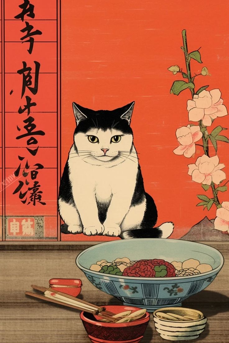 Vintage Japanese Sushi & Ramen art Japanese Posters Vintage, Japanese Cat Illustration, Japanese Vintage Aesthetic, Japanese Style Wallpaper, Vintage Japanese Illustration, Japanese Retro Art, Vintage Cat Poster, Japanese Cat Art, Japanese Cartoon Art