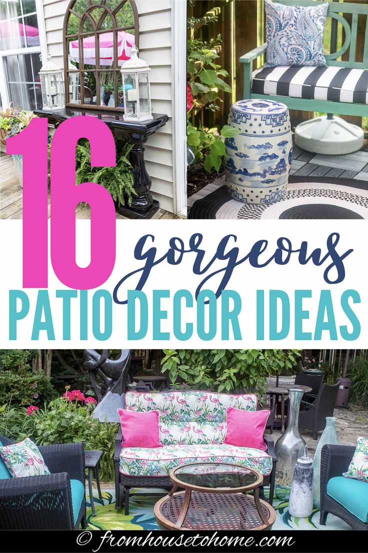 some patio furniture with the words 10 gorgeous patio decor ideas on top and below it