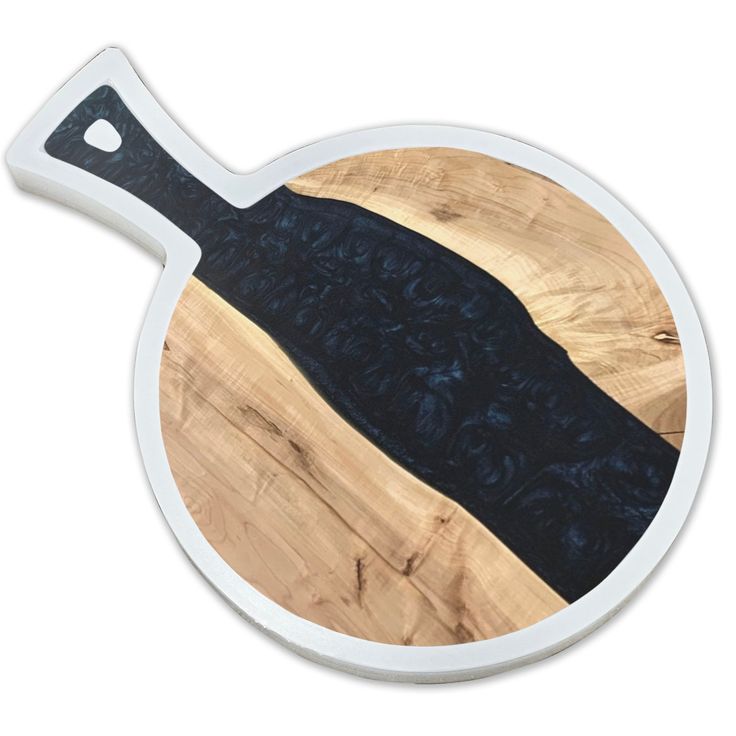 a wooden cutting board with a black knife on it's side and a white background