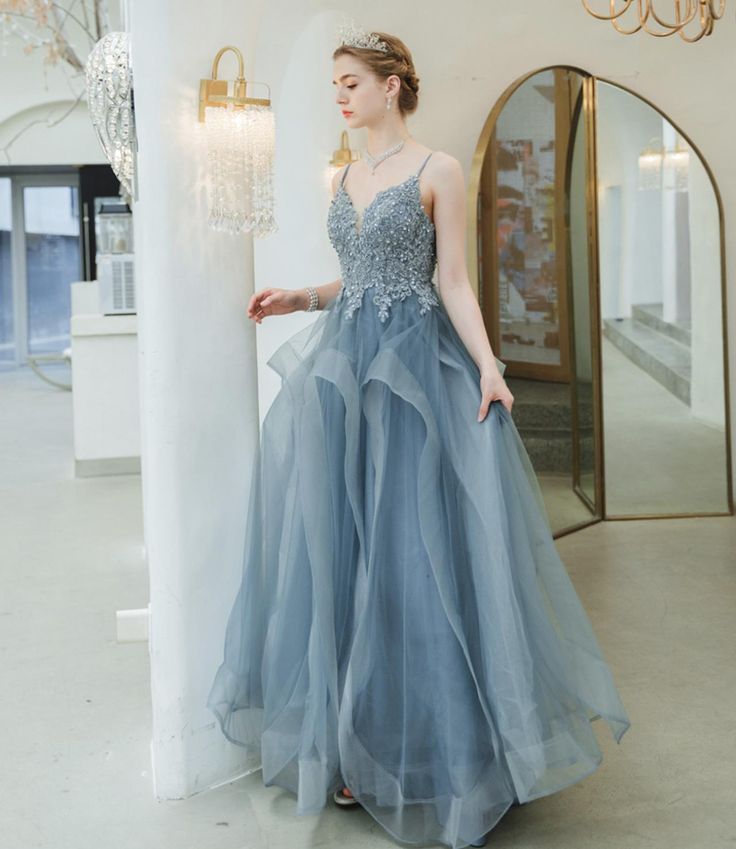 Blue Tulle Prom Evening Dress, Blue Organza Evening Dress For Prom Season, Blue Tulle Evening Dress For Prom, Blue Tulle Ball Gown For Prom, Light Blue Tulle Evening Dress, Lace Ball Gown With Tulle Skirt For Party, Homecoming Tulle Ball Gown, Blue Tulle Ball Gown For Homecoming, Lace Evening Dress With Sweep Train For Prom