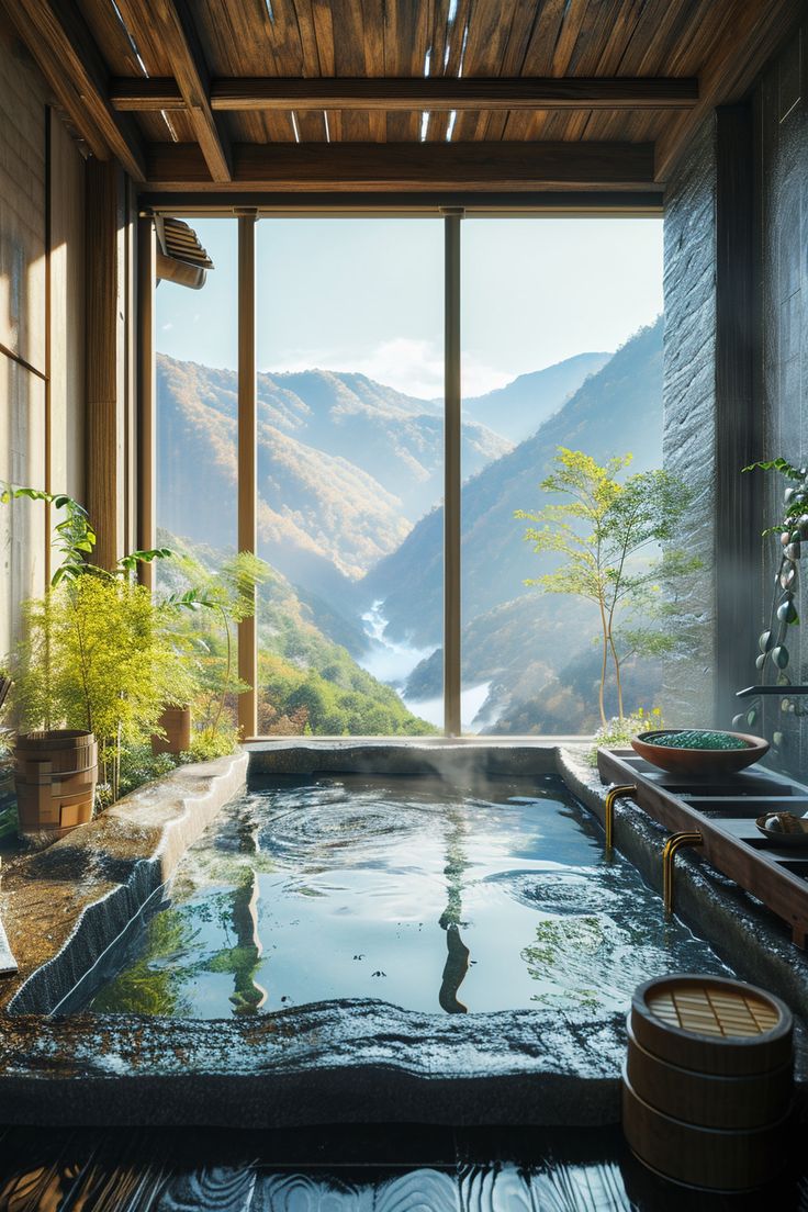 Scenic Soak: Private Onsen in a Ryokan with Canyon Views Onsen Style Bathroom, Home Onsen, Onsen Bathroom, Japan Hot Springs, Ryokan Interior, Japan Ryokan, Japan Hotels, Private Onsen, Japan Onsen