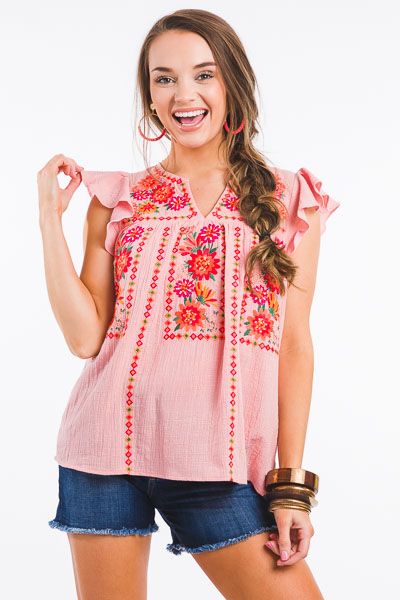 Split Neck Embroidery Top, Blush :: NEW ARRIVALS :: The Blue Door Boutique Feminine Cotton Embroidered Top, Pink V-neck Top With Floral Embroidery, Pink Embroidered Feminine Blouse, Pink Feminine Embroidered Blouse, Spring Embroidered Tops With Flutter Sleeves, Spring Embroidered Ruffle Sleeve Blouse, Bohemian Tops With Floral Embroidery And Flutter Sleeve, Summer Floral Embroidery Ruffle Sleeve Tops, Cotton Tops With Floral Embroidery And Ruffle Sleeves