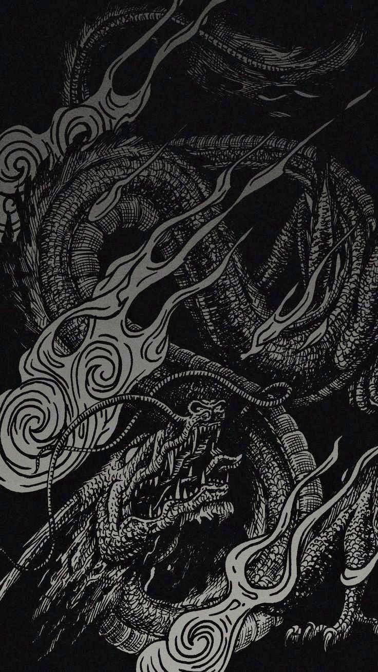 a black and white drawing of a dragon with swirls on it's head