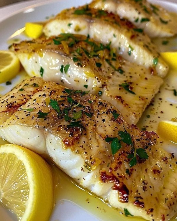 some fish and lemons on a white plate