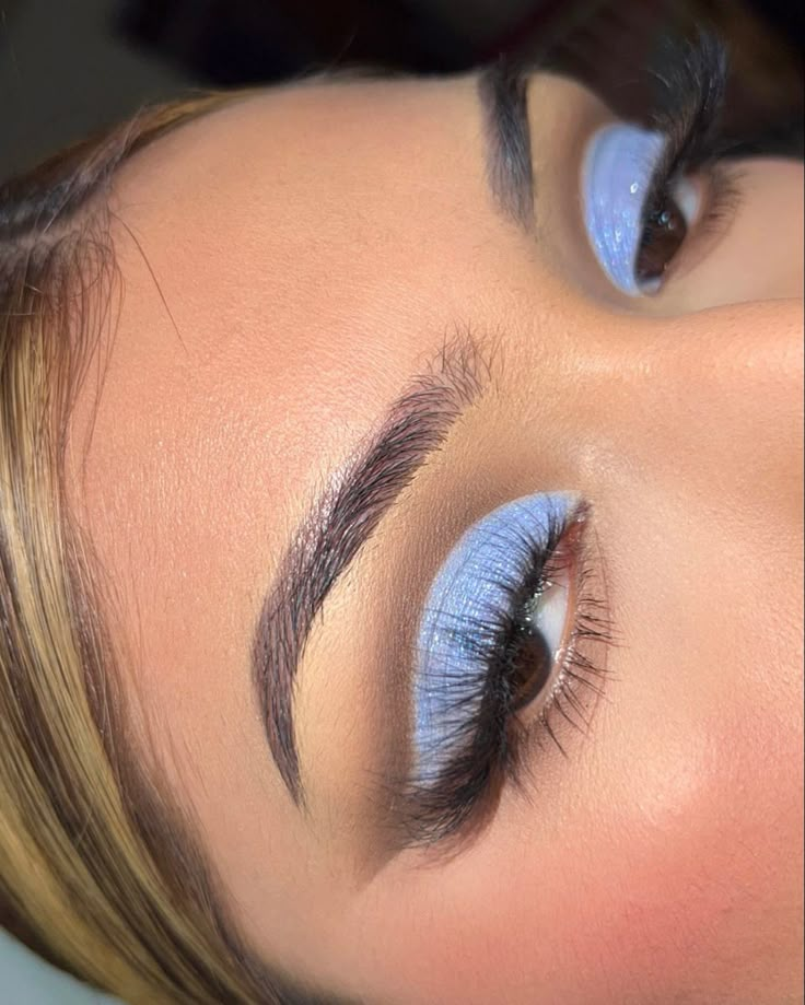 Prom Eye Looks For Blue Dress, Eyeshadow For A Blue Dress, Dusty Blue Eyeshadow Looks, Makeup Looks That Make Brown Eyes Pop, Light Blue And Brown Eyeshadow, Light Blue Eyeshadow Black Women, Blue Eye Makeup Brown Skin, Elegant Blue Eyeshadow Looks, Blue Hoco Makeup Looks