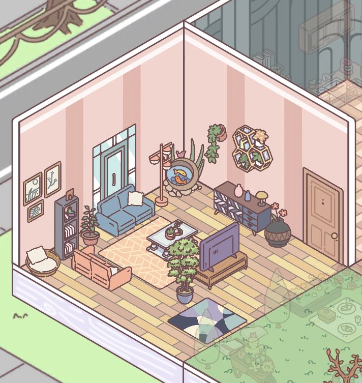 the interior of a house is shown in an animated style, with wood floors and pink walls