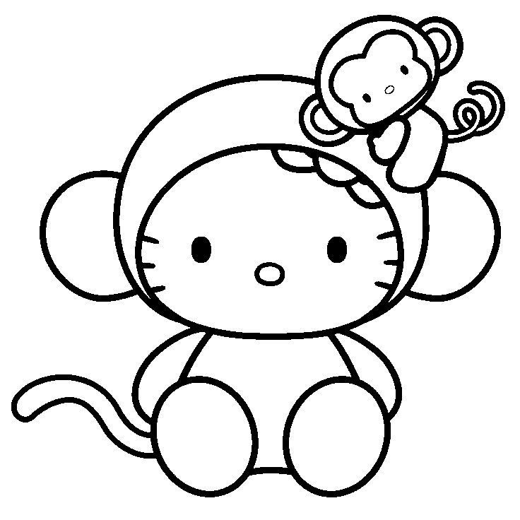 hello kitty with monkey on her back coloring pages for kids, free printables