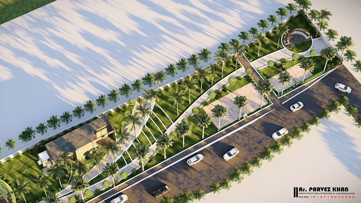 an artist's rendering of a street and parking lot in the middle of palm trees