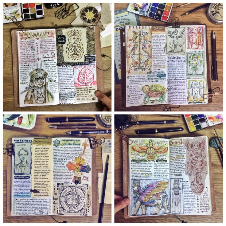 four different views of an open book with drawings on it