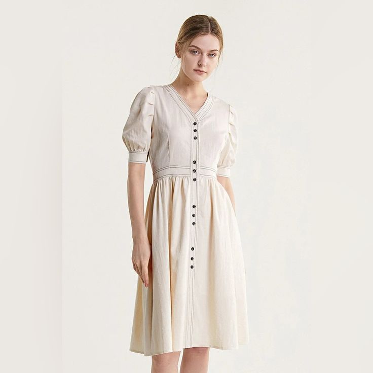 J.Ing Nude / Off White French Style Midi Dress - V Neck Short Sleeve Midi Dress - Button Down Style - 100% Polyester Runs Small Order One Size Up Classic Beige Button-up Midi Dress, Knee-length Midi Dress With Buttons For Brunch, Beige Knee-length Dress With Button Closure, Elegant White Linen Dress With Buttons, Knee-length Midi Dress With Button Closure For Daywear, Cream Buttoned Dress For Daywear, Feminine Beige Dresses With Buttons, Cream Button Dress For Daywear, Elegant Spring Linen Dress With Button Closure