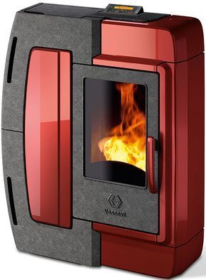 a red and grey stove with flames in it