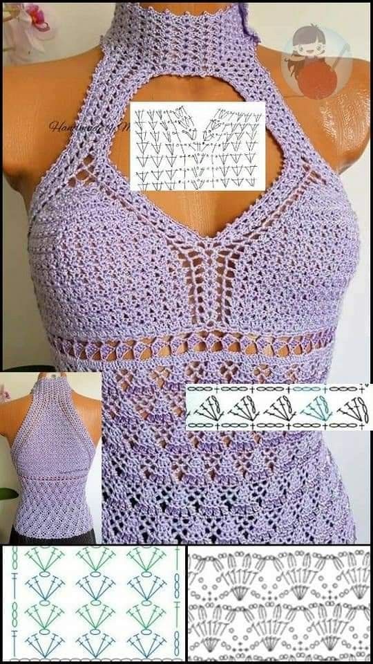 a crocheted halter top is shown with instructions to make it look like an open