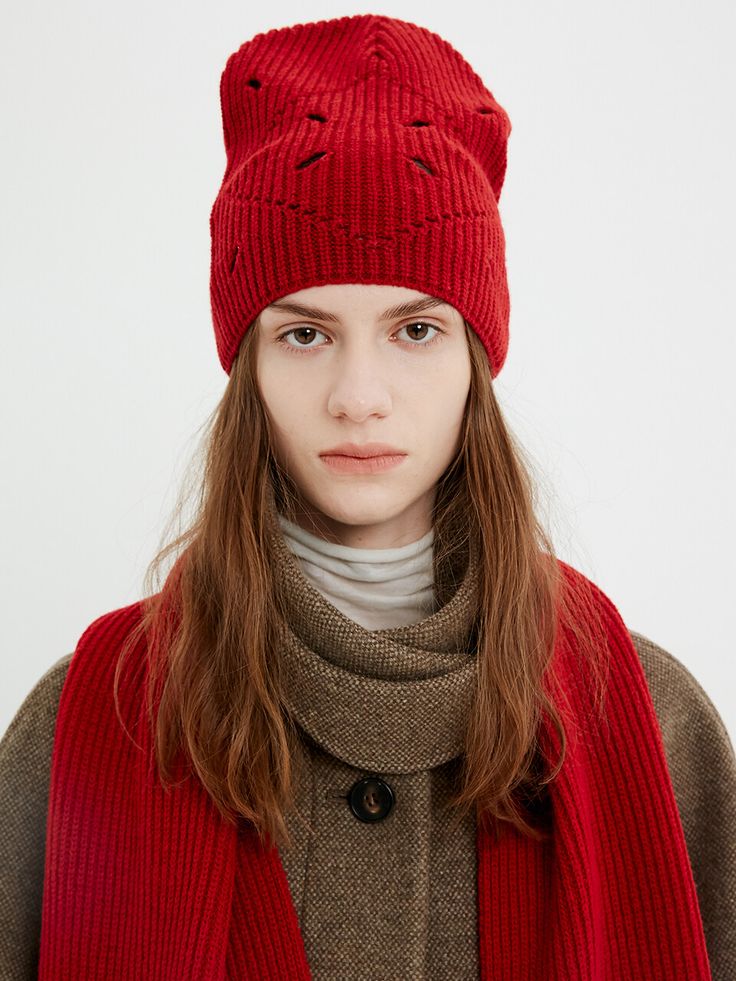 Editor's NotesMOONSUN's hat is unique and perfect for a cold weather.- Light-weighted- Eye-catching ribbed pattern detail- Cut-outs throughout the beanie- Casual and minimal styleMeasurements(in.)- Size: 8.66in. (W) / 9.06in. (L)Composition & Care- 50% Extra Fine Wool, 35% Hicash-Nylon, 15% Polyester- Avoid direct heat and moisture- Dry cleaning is recommendedDesigner- by MOONSUN Holiday Red, Trendy Dresses, Red Sweaters, Knit Beanie, Cut Outs, Cold Weather, Knitted Hats, Accessories Hats, Winter Hats