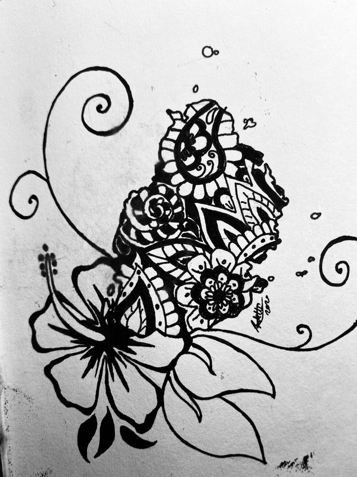 a black and white drawing of a butterfly on a flower with swirls around it