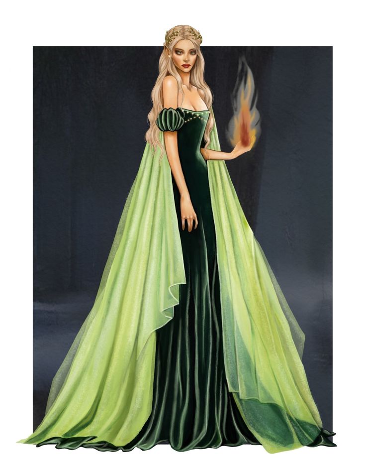 a drawing of a woman in a green dress with flames on the floor behind her