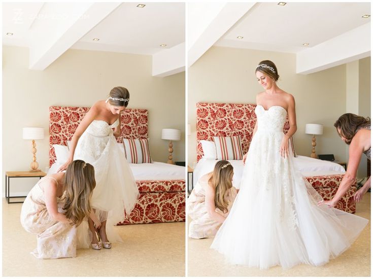 two pictures of a woman in a wedding dress helping another woman put on her bridal gown