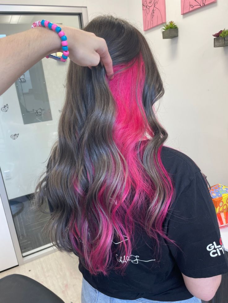 Black Pink Peekaboo Hair, Peekaboo Hair Color Magenta, Pink Hair For Brown Hair, Neon Pink Peekaboo Hair, Black And Pink Hair Peekaboo, Hot Pink Peak A Boo Hair, Peekaboo Dyed Hair For Brunettes, Dark Brown With Pink Underneath, Peekaboo Hot Pink Hair