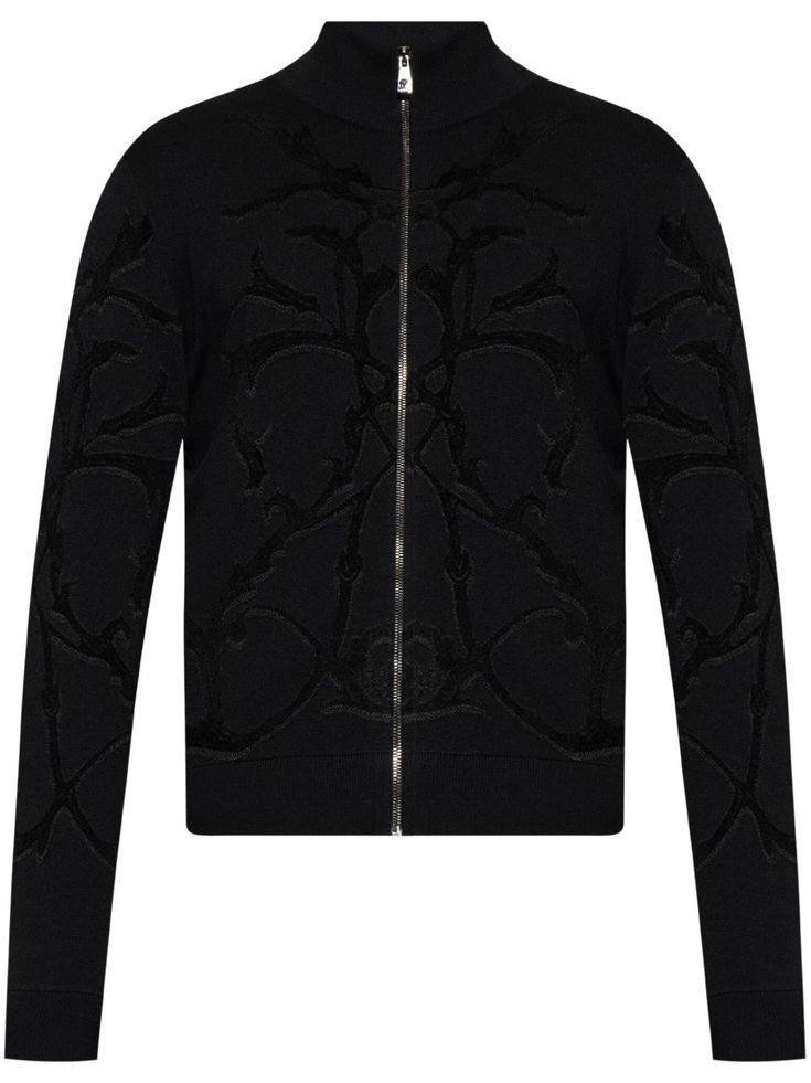 black virgin wool blend front zip fastening high neck long sleeves ribbed cuffs and hem Luxury Black Wool Cardigan, Luxury Black Sweater With Ribbed Collar, Designer Black Wool Cardigan, High Neck Long Sleeve, Balenciaga Triple S, Cardigan Black, Custom Watch, Short Suit, Knitwear Cardigan