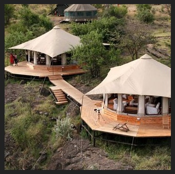 several tents set up in the middle of a grassy area with stairs leading to them