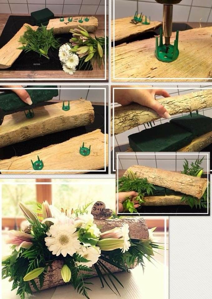 the process of making a flower arrangement with wood