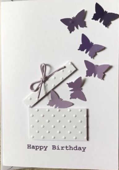 a birthday card with purple butterflies and a gift box on it's side that says happy birthday