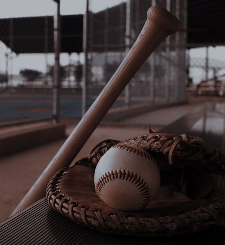 a baseball bat, glove and ball sitting on a bench