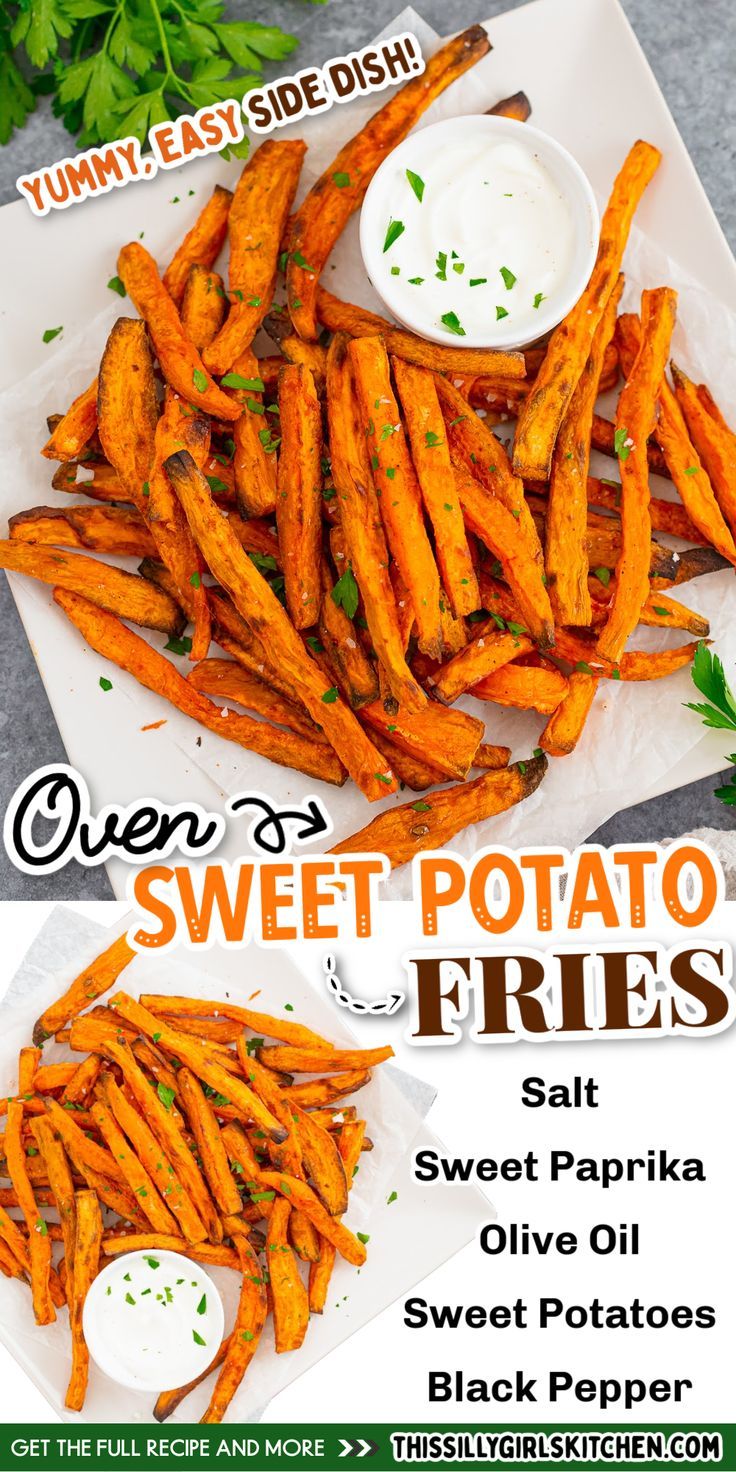 sweet potato fries on a plate with sauce on the side Sweet Potato Fries Oven, Potato Fries Oven, Oven Sweet Potato Fries, Oven Fried Potatoes, Potatoes In Oven, Potato Recipes Side Dishes, Quick And Easy Appetizers, Potato Sides, Fast Easy Meals