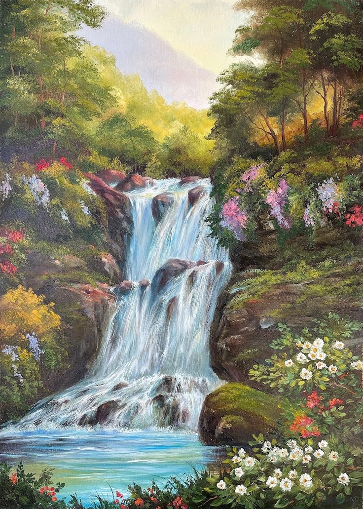 a painting of a waterfall surrounded by flowers