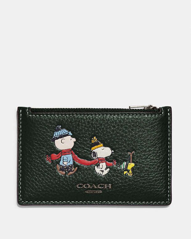 COACH® | Coach X Peanuts Zip Card Case With Snoopy Motif 2024 Wish List, Snoopy Gift Ideas, Wallets Aesthetic, Snoopy Wallet, Snoopy Gifts, School Bag Essentials, Cute Wallets, Retro Gifts, Coach Outlet