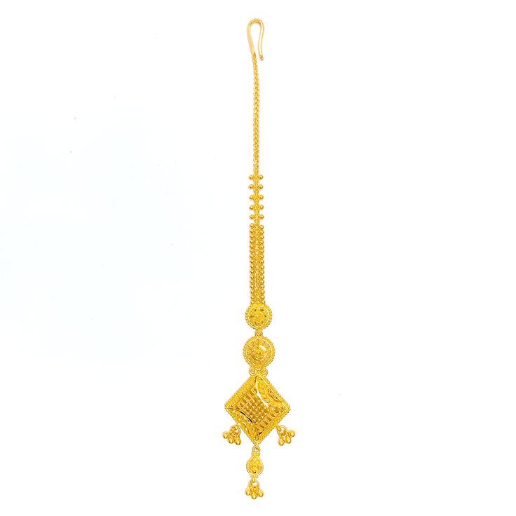 The Delicate Hanging 22k Gold Tikka, weighing 9.1 grams, is a beautifully designed piece that blends traditional charm with a hint of modern elegance. Crafted in 22k gold, this tikka features a warm yellow gold finish, enhancing its delicate hanging design. The tikka's length is 6 inches, offering a graceful drape that complements its intricate detailing. Equipped with a hook clasp, it provides both security and comfort. Ideal for those who appreciate subtle yet exquisite jewelry, this tikka is Luxury 22k Gold Chandbalis With Latkans, Luxury Gold Tikka As Gift, Luxury Gold Ceremonial Tikka, Luxury Gold Elegant Tikka, Gold Tika Design, Tika Jewelry Gold, Gold Tikka, Maang Tikka Design, Tika Jewelry