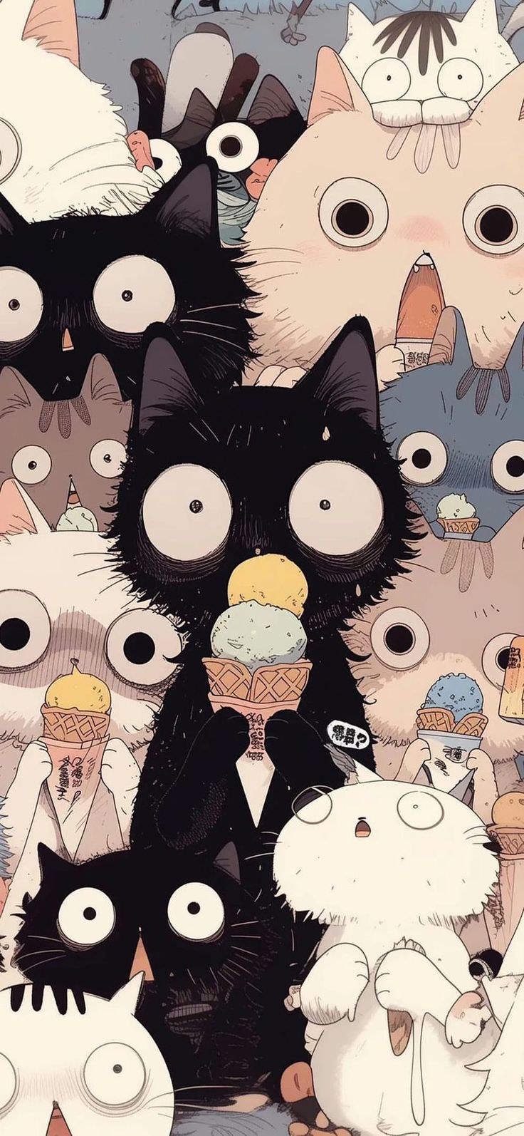 a bunch of cats that are standing in front of each other with ice cream cones on their heads