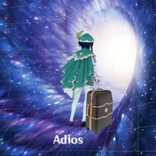 an animated image of a woman standing in front of a space filled with stars and the words adios