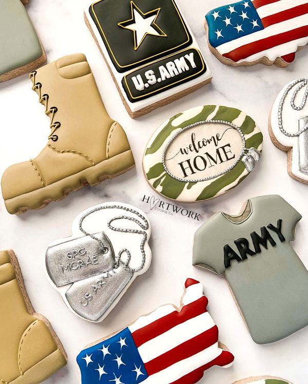 Hartwork Cookie Co. Veteran Cookies Decorated, Airforce Cookies Decorated, Veterans Day Cookies, Army Cookies, Patriotic Cookies, Army Medic, Promotion Party, Best Apple Pie, Military Retirement