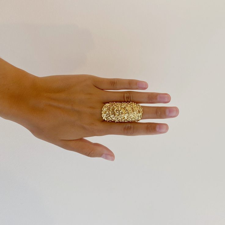 Details: Materials: Pewter hand-dipped in 14K gold plate Measurements: 2" Carved Ring, Textured Ring, Plate Size, Gold Rings, Gold Plate, Size 7, Carving, Ring, Gold