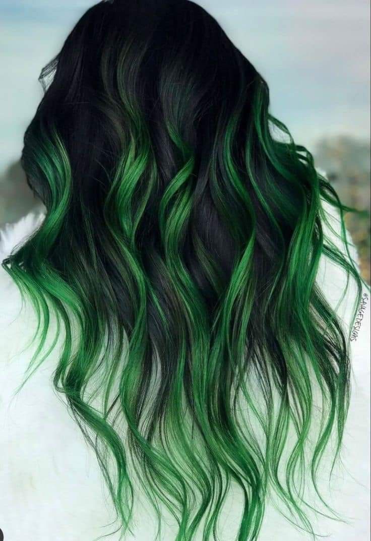 Green Balyage Long Hair, Crazy Hair Dye, Black And Green Hair, Hair Color Styles, Underneath Hair Color Ideas, Underneath Hair Color, Hidden Hair Color, Yellow Hair Color, Lavender Hair Colors