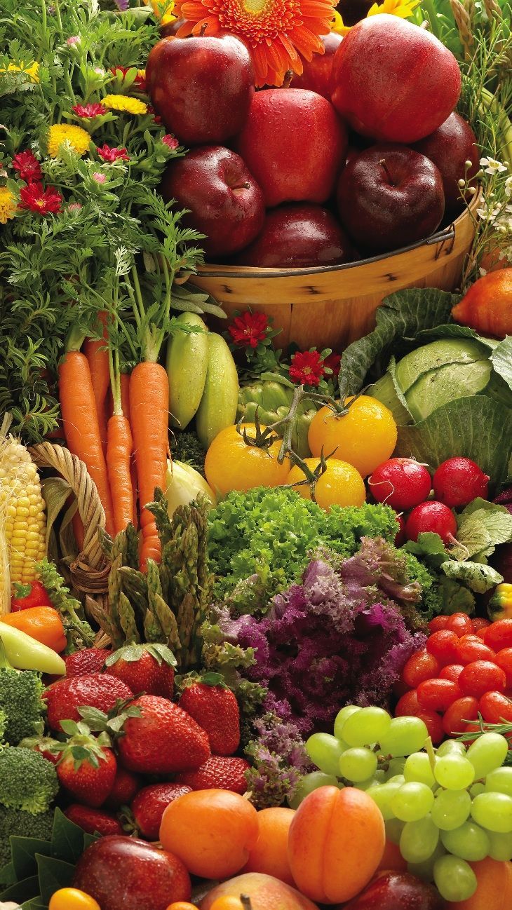 many different types of fruits and vegetables are grouped together in this image, including apples, carrots, corn, broccoli, tomatoes, squash, and more