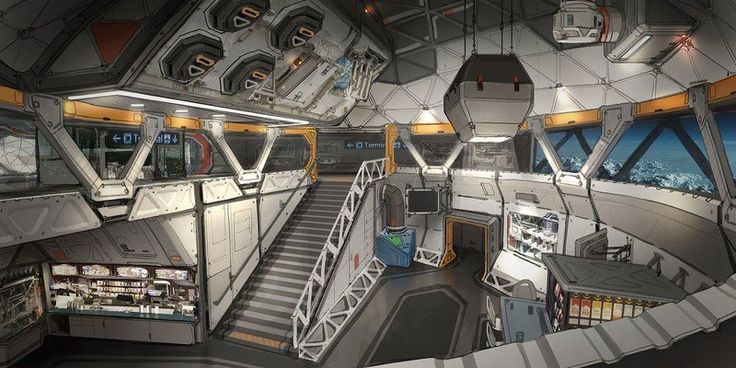 an artist's rendering of the inside of a space station with stairs and lights