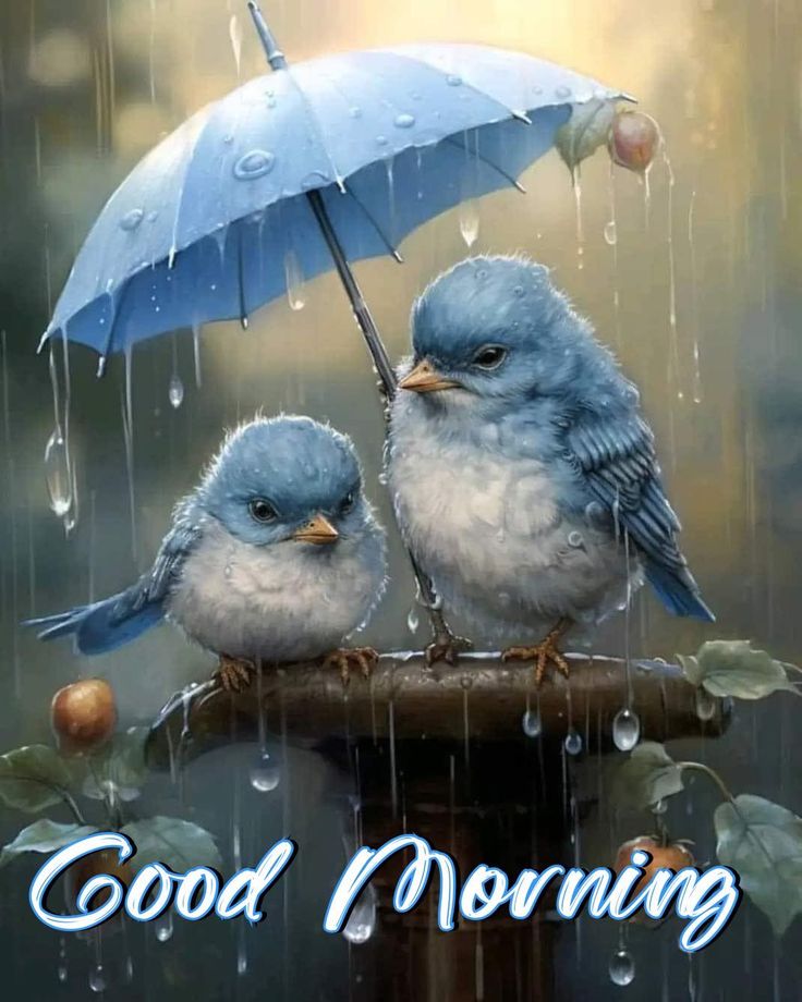 two blue birds sitting under an umbrella on a rainy day with the words good morning