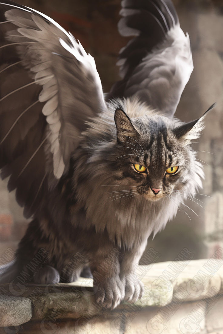 a cat with wings on it's back standing on a ledge looking at the camera