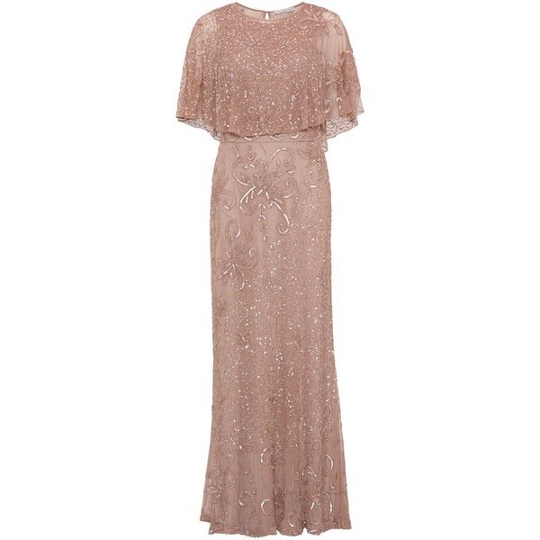 Gina Bacconi Beaded Mesh Dress With Cape, Rose ($370) ❤ liked on Polyvore featuring dresses, sheer maxi dress, evening maxi dresses, sequin maxi dress, midi dress and maxi dress Kebaya Rose Gold, Beaded Mesh Dress, Rose Gold Clothes, Empire Waist Evening Dress, Jenny Packham Dresses, Kate Middleton Dress, Dress With Cape, Rose Clothing, Empire Waist Maxi Dress