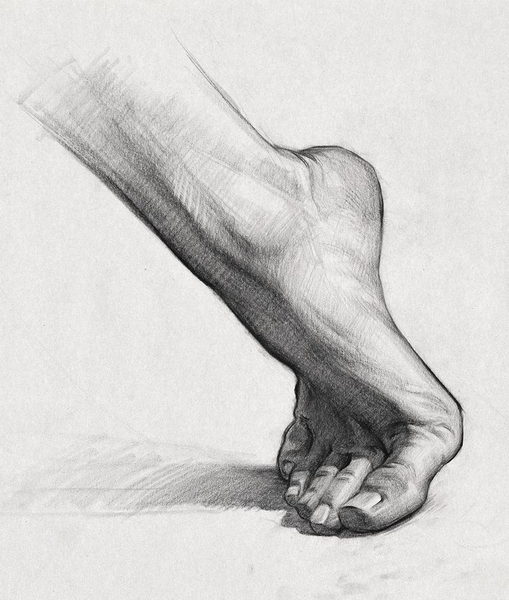 a drawing of a person's foot with one foot on the ground, in pencil