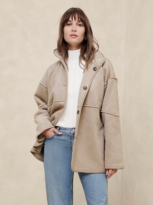 Reversible Vegan Suede Sherpa Jacket | Banana Republic Factory Fall Shearling Outerwear With Button Closure, Everyday Fleece-lined Outerwear For Fall, Cozy Sherpa Outerwear For Layering, Lapped Seam, Womens Sherpa Jacket, Cold Fashion, Womens Sherpa, Travel Pants, Women's Coats And Jackets