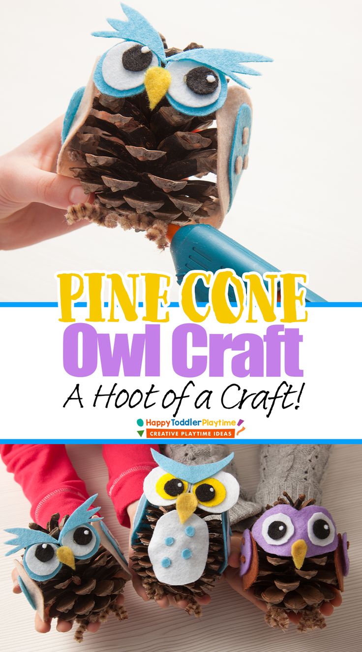 pine cone owl craft with the title text overlay reads pine cone owl craft a hot of a craft