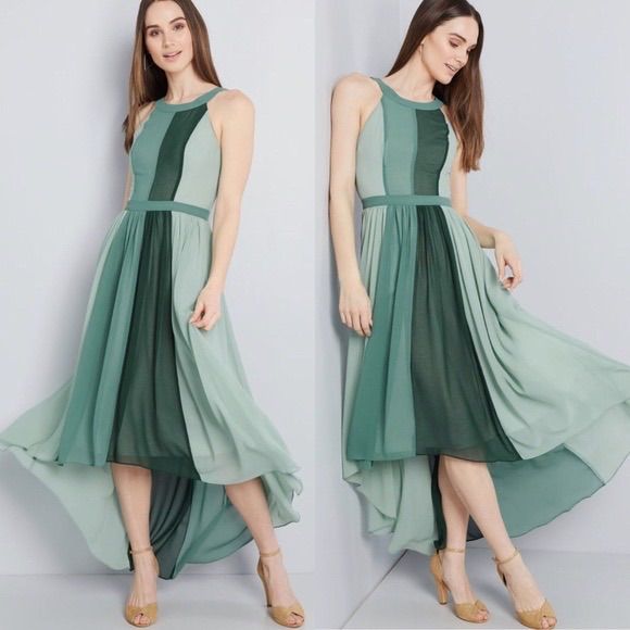 This Is A Modcloth Green Color Block Halter Dress With A High Low Hem, Size Medium. New With Tags! It’s Lightweight And Airy. Dress Has Pockets. Shell: 100% Polyester Lining: 100% Polyester Spring, Wedding Guest, Bridesmaid, Lightweight, Flowy, Dreamy, Special Occasion Green Chiffon Midi Dress For The Beach, Green Chiffon Midi Dress For Beach, High Low Ruffle Dress, Green Halter Dress, Green Color Block, Spring Wedding Guest, Floral High Low Dress, Airy Dress, High Low Maxi Dress