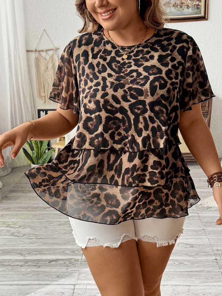 Plus Size Leopard Print Layered Ruffle Hem Pullover Blouse Multicolor Casual  Short Sleeve Chiffon Leopard Print,Textured Pattern Peplum Non-Stretch  Women Plus Clothing, size features are:Bust: ,Length: ,Sleeve Length: Cheap Stretch Leopard Print Top, Batwing Sleeve Blouse, Plus Size Blouses, Casual Blouse, Plus Size Tops, Ruffle Hem, Active Wear For Women, Winter Women, Plus Clothing