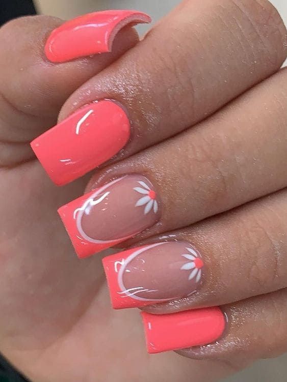 vivid coral with flower accent manicure Coral Acrylic Nails, Uñas Color Coral, Coral Nails With Design, Coral Nail, Fingernail Designs, Coral Nails, Fancy Nails Designs, Blush Nails, Pretty Nail Art Designs